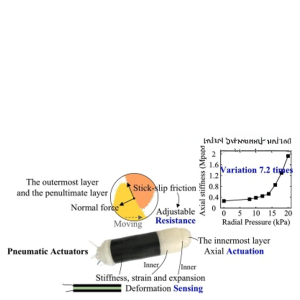 The actuator brings three systems together to make it work like a smart muscle:
Actuation: the air chambers expand and contract to create movement, just like a muscle.
Resistance: friction between the soft layers increases with air pressure, controlling how hard the band is to stretch.
Sensing: built-in sensors track stretch, stiffness, and effort to give real-time feedback and adjust resistance automatically.